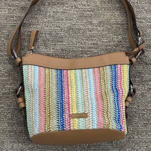 Rosetti Colorful Stripes Woven Crossbody Bag Purse with Tan Faux Leather Strap
